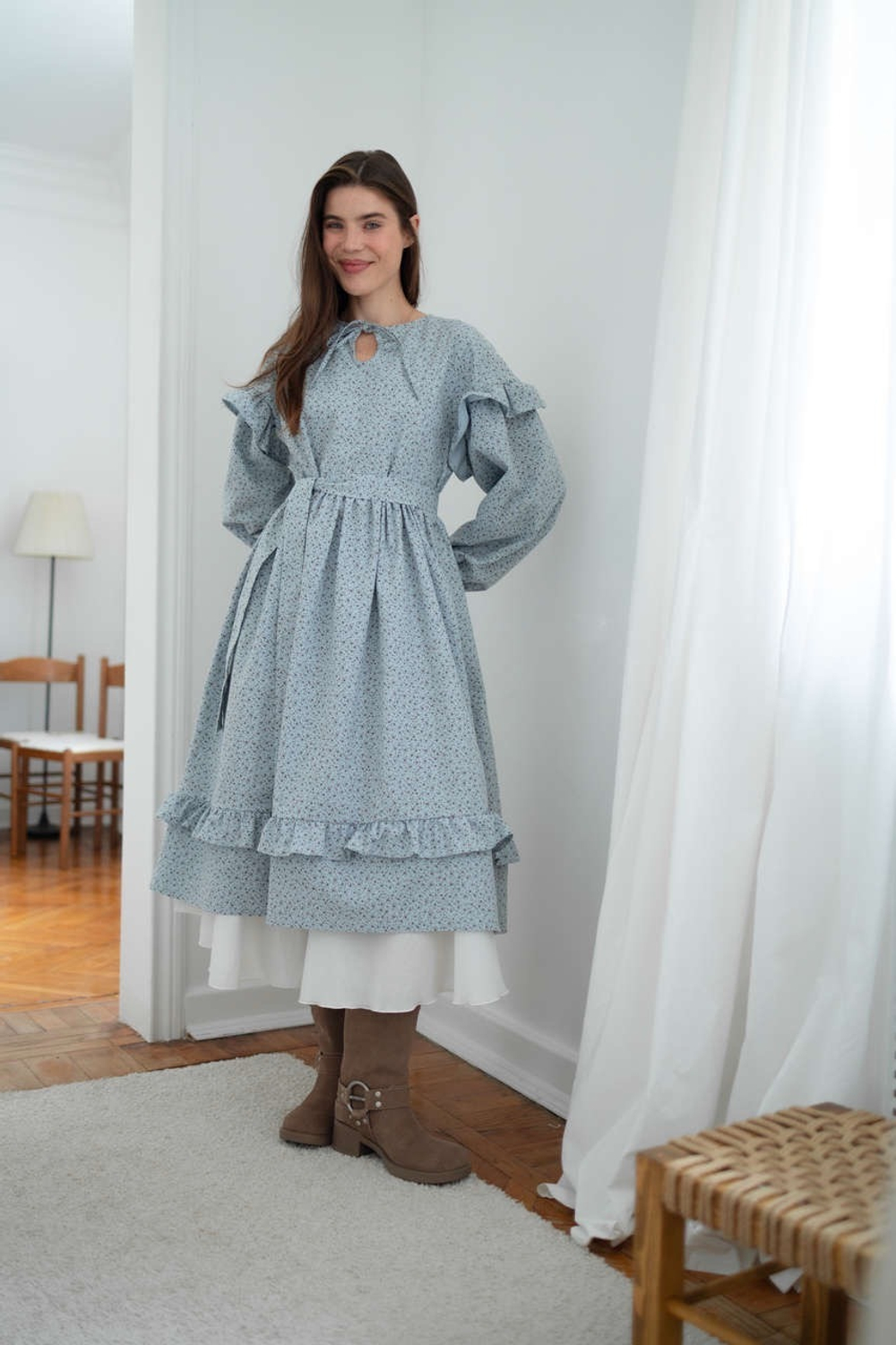 Платье Ася из фланели для беременных и кормящих мам, Серо-голубой с кофейными цветами