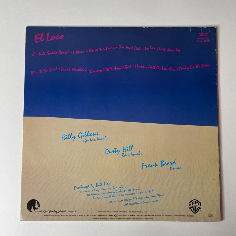 Винтажная виниловая пластинка LP ZZ Top El Loco (Germany 1981)