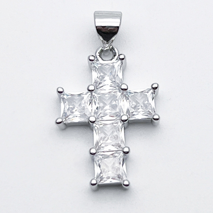 Подвеска Крест, цвет серебро (родий), фианиты, размер 20*14 мм + бейл 5 мм, цена за 1 шт