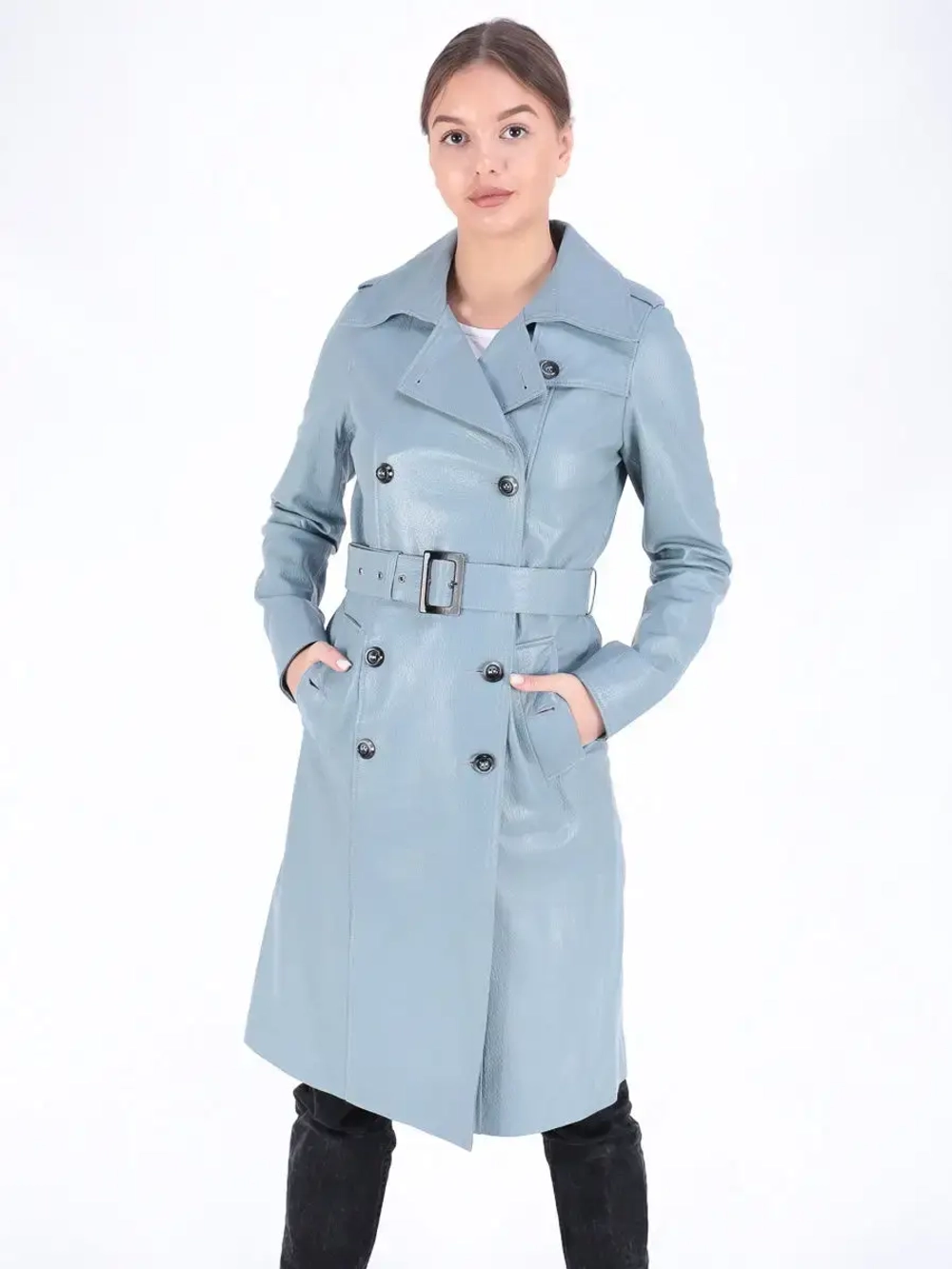 Тренч длинный кожаный с поясом плащ на весну