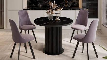 Стол кухонный обеденный круглый раздвижной Черный муар/Стекло матовое черный мрамор, 100(135)х100х76 см