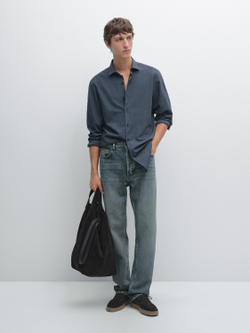 Massimo Dutti Меланжевая рубашка облегающего кроя из твила, синий