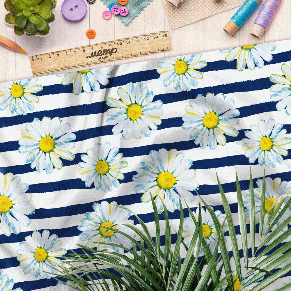 Ткань шифон синие полоски и ромашки