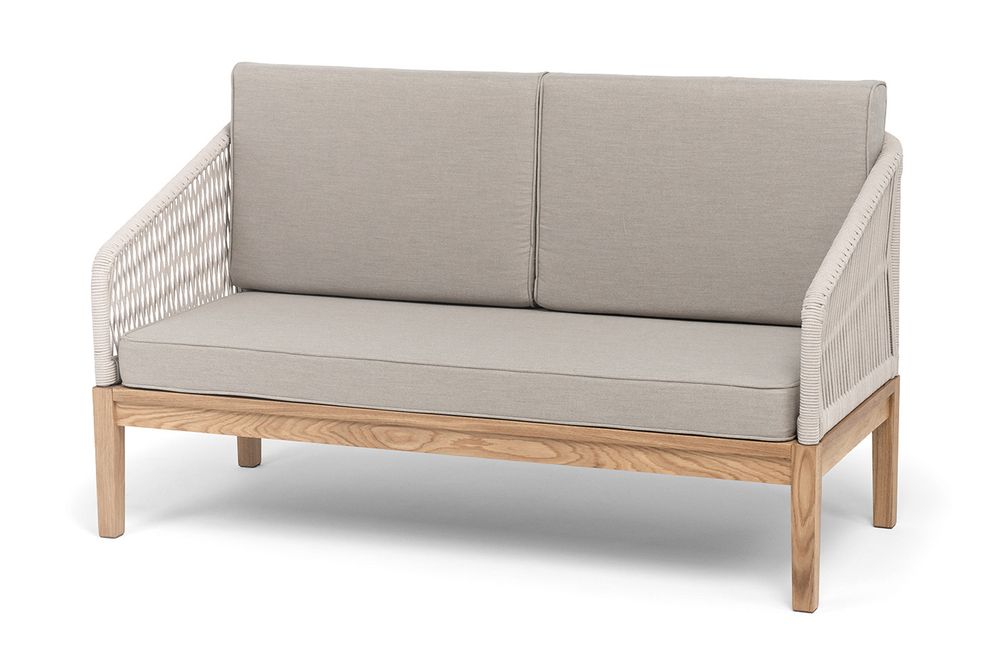 "Канны" диван 2-местный плетеный из роупа, основание дуб, роуп бежевый круглый, ткань бежевая 15052