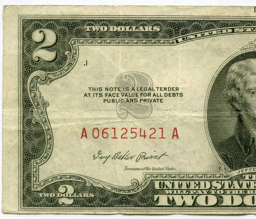 Банкнота США 2 доллара 1953 A 06125421 A. VF