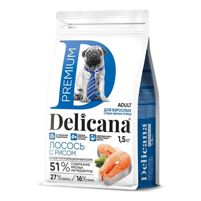 Delicana корм сухой для взрослых собак мелких пород лосось, рис