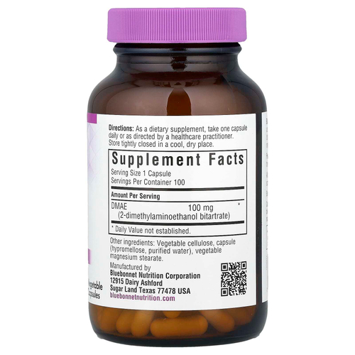 Bluebonnet Nutrition, ДМАЭ (диметиламиноэтанол), 100 мг, 100 растительных капсул