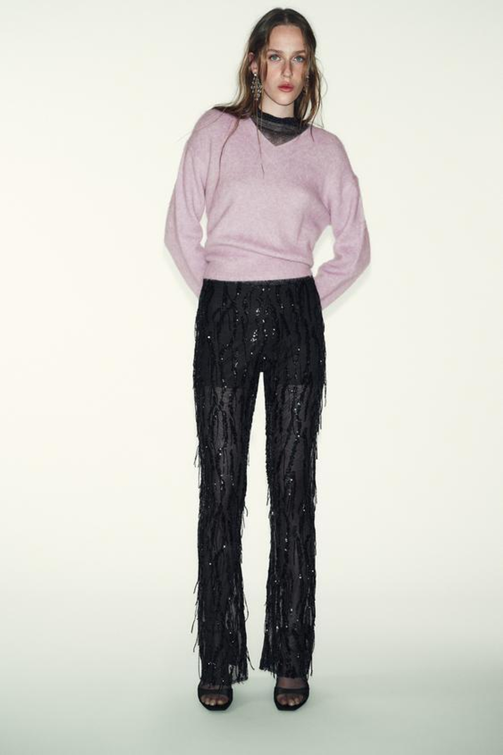 ZARA РАСКЛЕШЕННЫЕ ЛЕГИНСЫ С ПАЙЕТКАМИ, ЧЕРНЫЙ