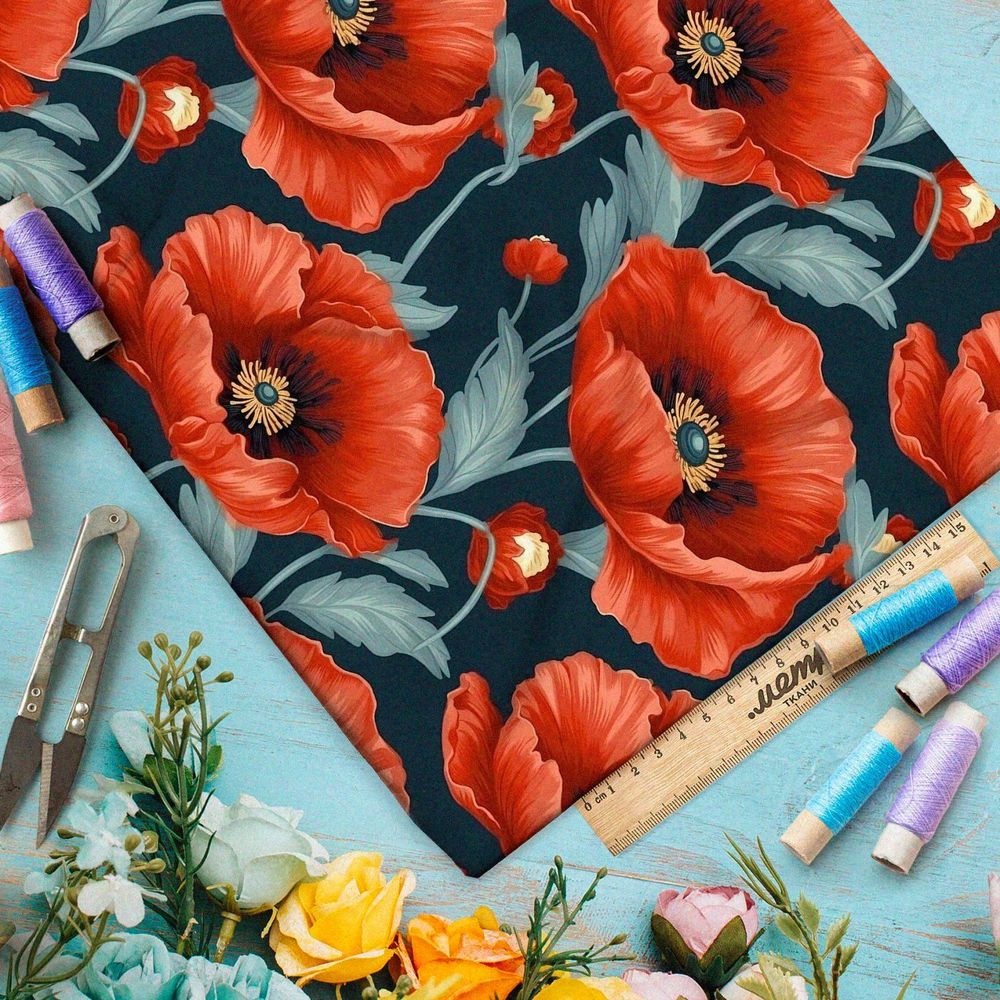 Ткань премиум дюспо крупные маки на синем