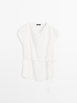 Massimo Dutti Топ из крепа с драпированным вырезом, натуральный, кремовый