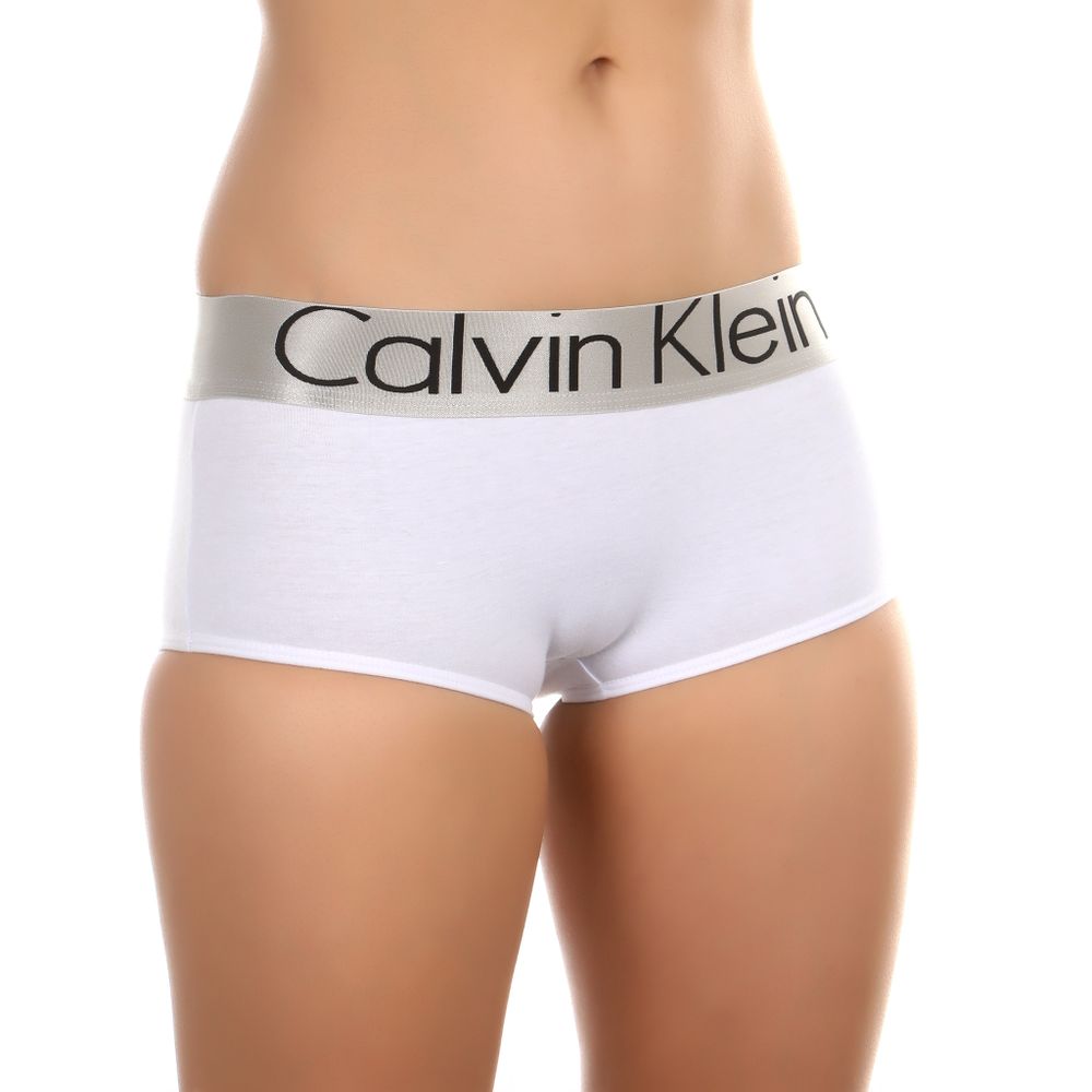 Женские трусы-шорты белые с серебристой резинкой Calvin Klein Women White Steel Waistband