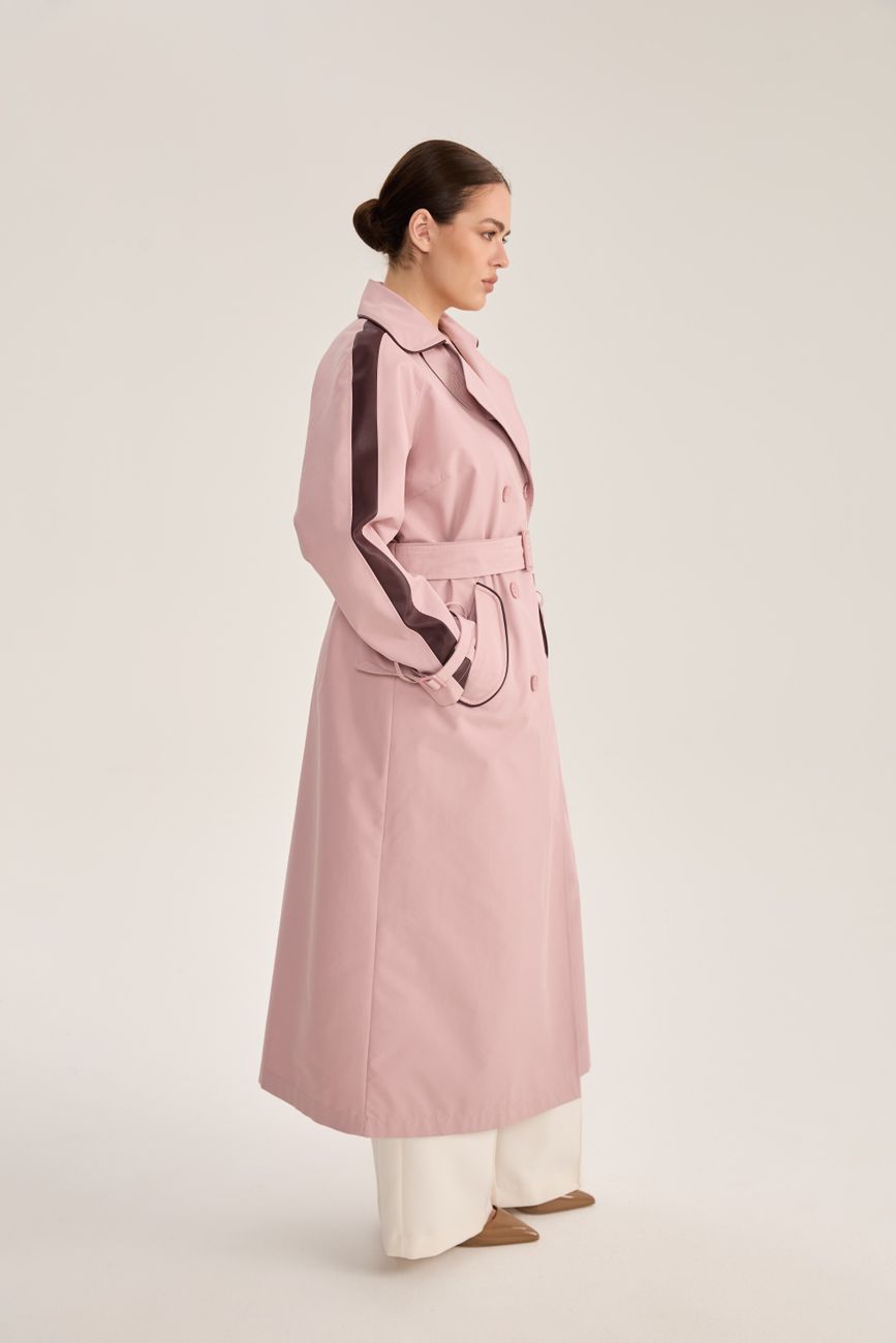 Тренч двубортный с отделкой, пудра