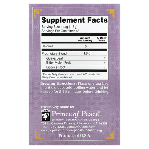 Prince of Peace, Herbal Tea, сахар в крови, 18 чайных пакетиков, 32,4 г (1,14 унции)