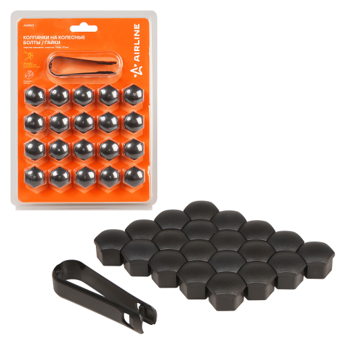 Колпачки на колесные болты и гайки 17 мм 20 шт +съёмник черные матовые пластик Airline