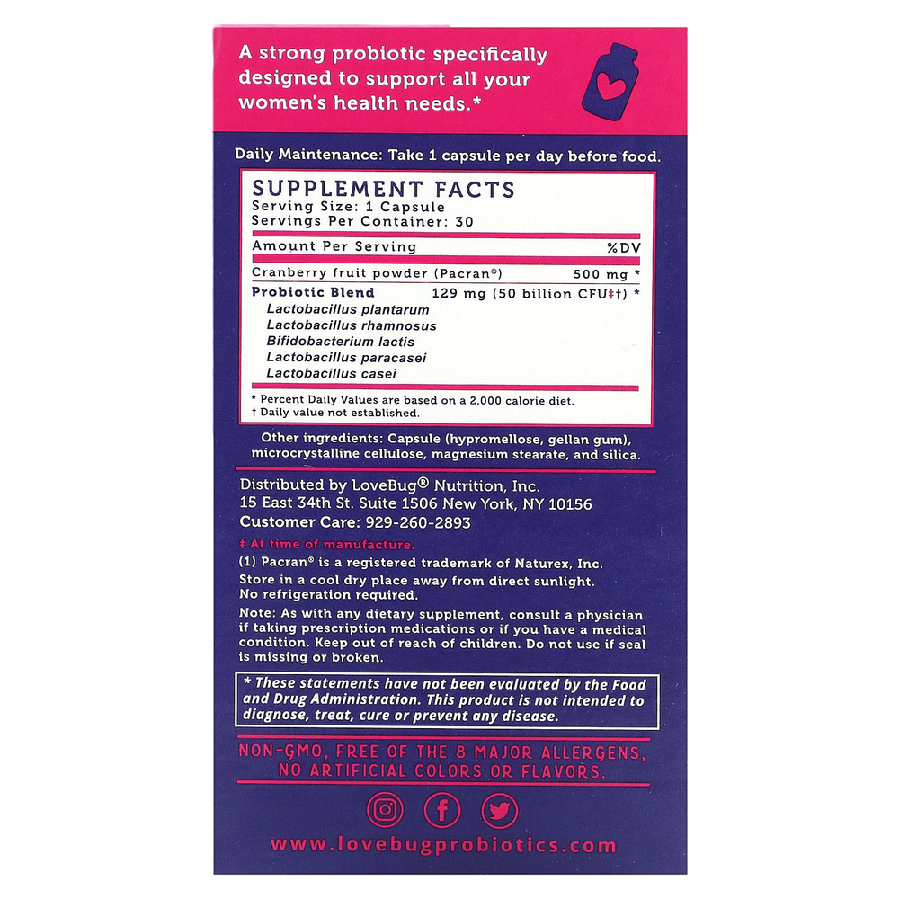 LoveBug Probiotics, дрожжи и пробиотик для поддержки уровня pH влагалища, 50 млрд КОЕ, 30 капсул