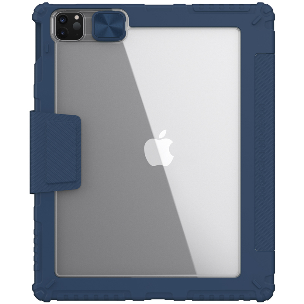 Чехол книжка синего цвета от Nillkin для планшета iPad Pro 12.9 с 2020 года и iPad Air 13 с 2024-, серия Bumper Pro, с задней шторкой для камеры
