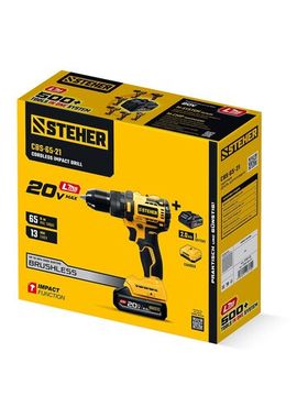 STEHER 20 В, 65 Н·м, 1 АКБ LMS (2 А·ч), бесщеточная ударная дрель-шуруповерт (CBS-65-21)