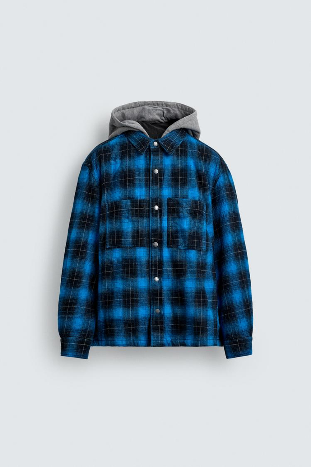 ZARA КУРТКА-РУБАШКА В КЛЕТКУ С КОНТРАСТНЫМ КАПЮШОНОМ, СИНИЙ
