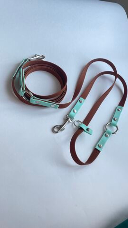 Перестежка поводок для собак средних и мелких пород , 15 мм, 3 м. Коричневый и мята