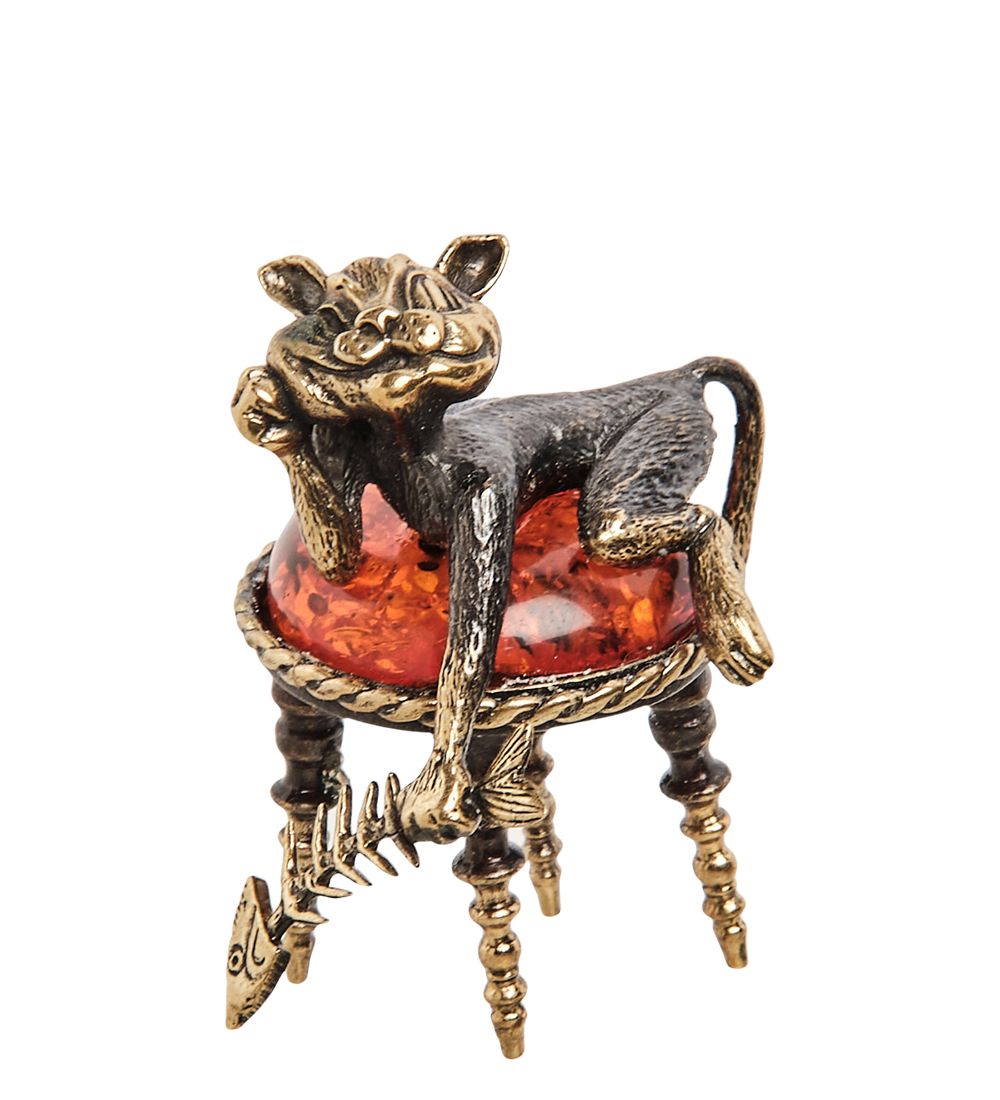 Народные промыслы AM-1043 Фигурка «Кот сытый на пуфике» (латунь, янтарь)