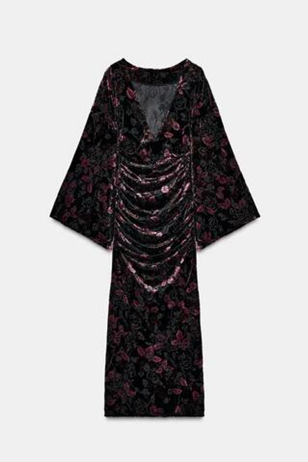 ZARA БАРХАТНОЕ ПЛАТЬЕ СО СБОРКАМИ, ЧЕРНЫЙ/КОРИЧНЕВЫЙ