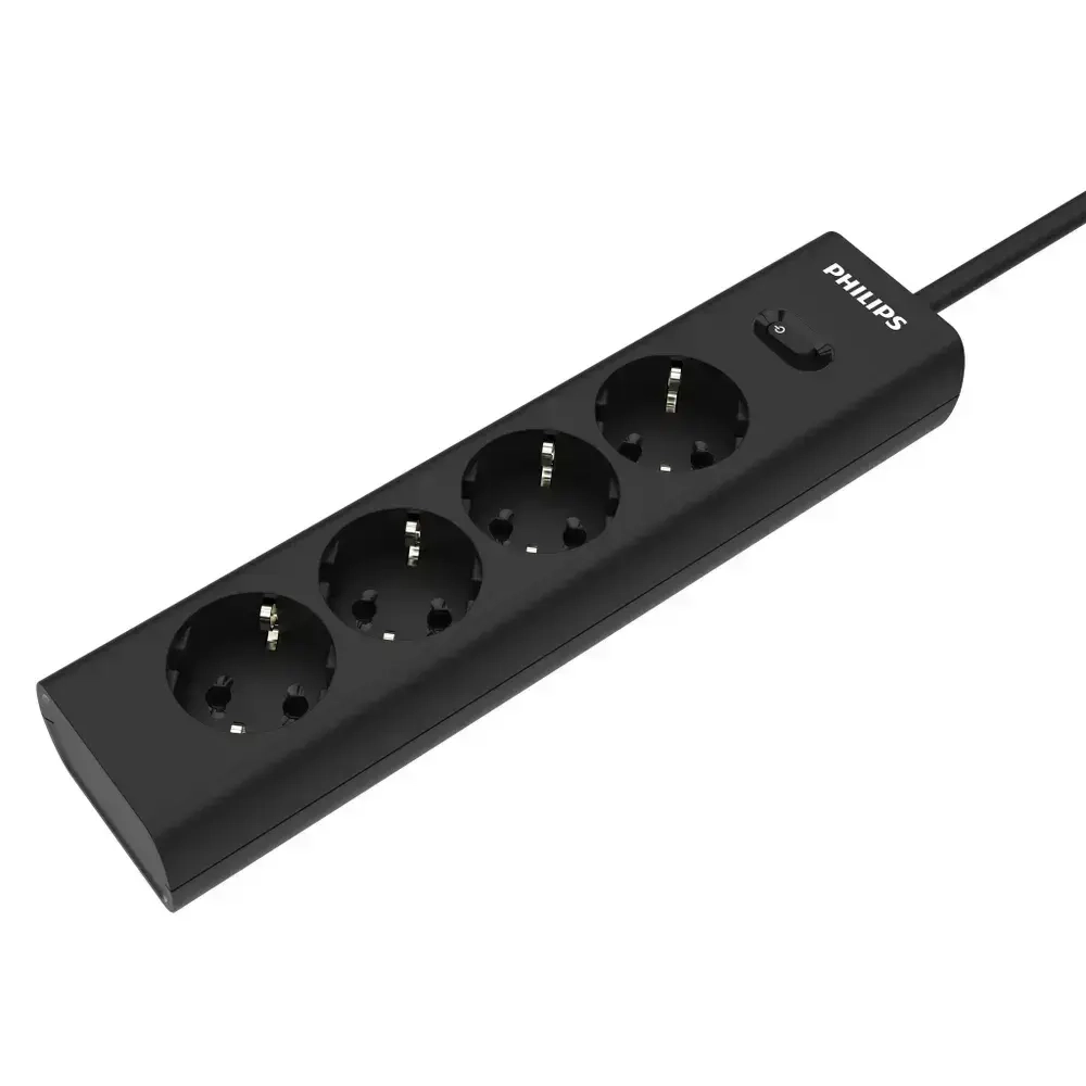 Сетевой фильтр удлинитель Philips CHP2145BB/51 с четырьмя стандартными розетками EU, с заземлением и защитой от перегрузок, 3 м, черный