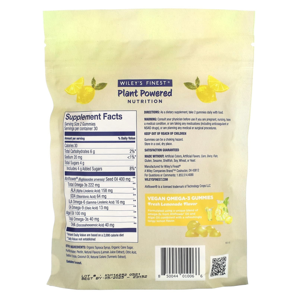 Wiley's Finest, Plant Powered Nutrition, веганские жевательные таблетки омега-3, со вкусом свежего лимонада, 262 мг, 60 жевательных таблеток (131 мг в 1 жевательной таблетке)