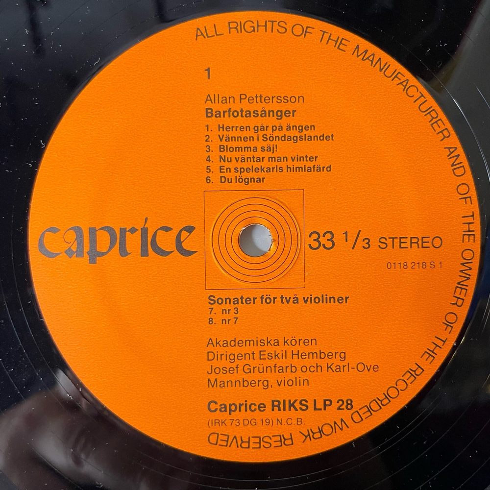 Винтажная виниловая пластинка LP Allan Pettersson, Barfotasanger, Sonater For 2 Violiner (Швеция 1974)