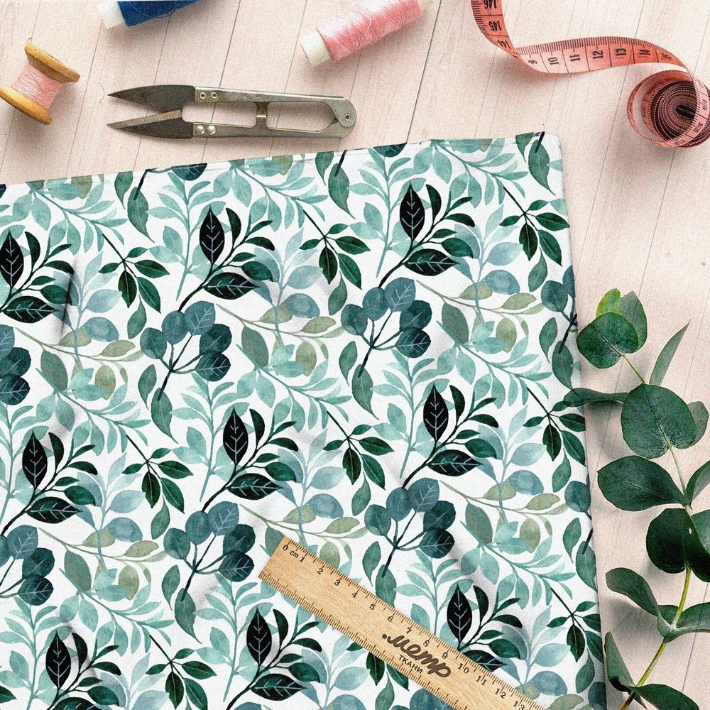 Ткань бифлекс акварельные листочки и цветочки