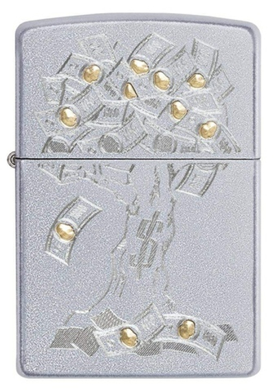Зажигалка Zippo Money Tree Design с покрытием Satin Chrome, латунь/сталь, серебристая, 36x12x56 мм