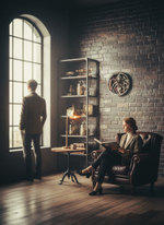 Настенные часы WOODandROOT Automaton 1277 Tourbillon с кинетическими шестерёнками в тёмном лофт-пространстве рядом с высоким окном и полочным стеллажом.