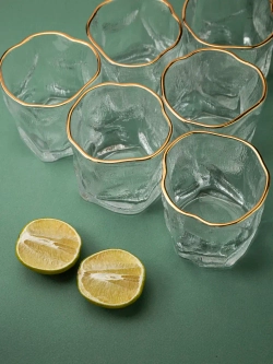 Набор изогнутых бокалов, лед, 250 мл. 6 шт с золотой каймой