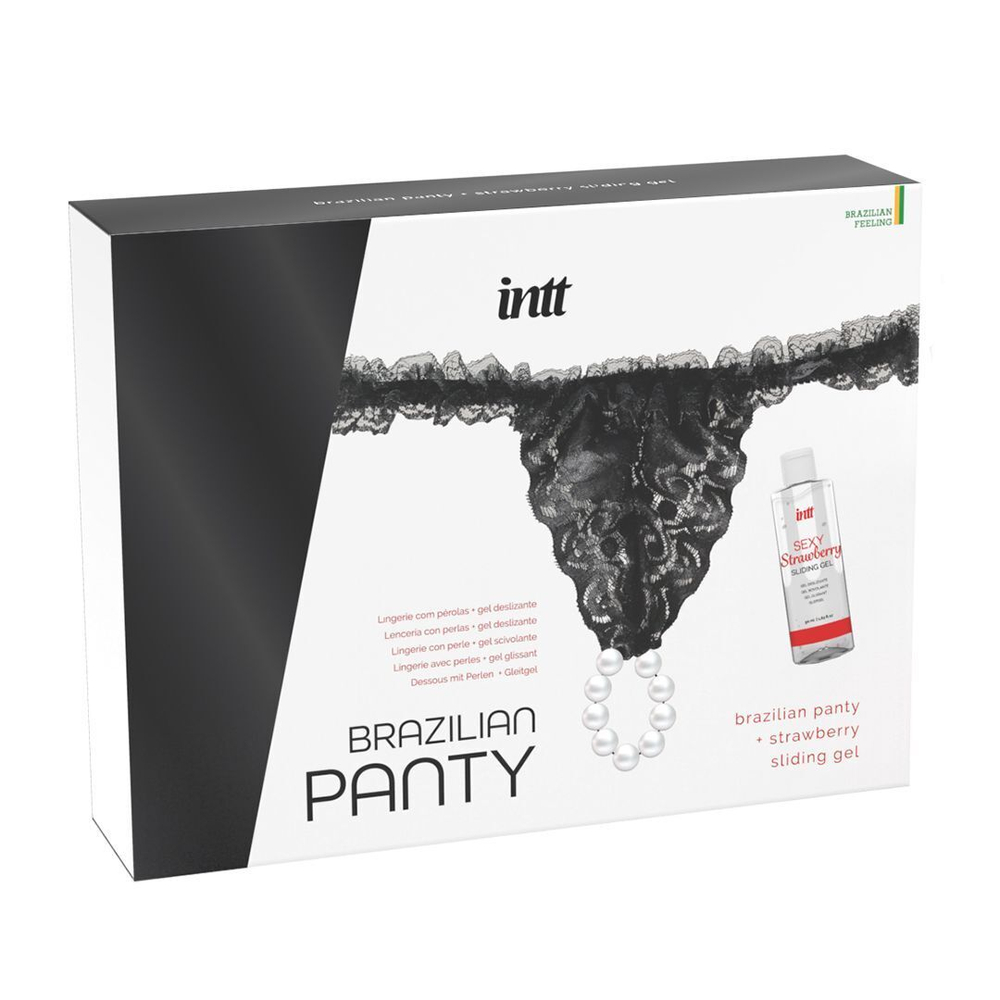 Набор Brazilian Panty: черные трусики со стимулирующими бусинами и массажный гель Sliding Gel Strawberry (Размер: S-M-L-XL-XXL) (Цвет: черный)
