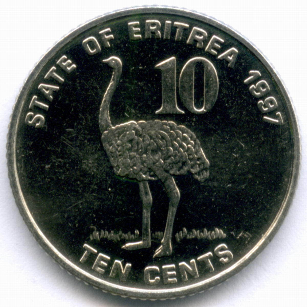 10 центов 1997 год. Эритрея. Страус. Сталь с покрытием, диаметр 20.95 мм. AUNC
