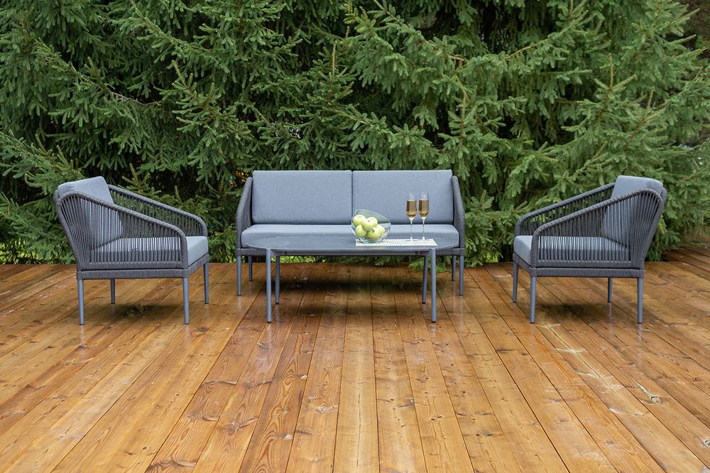 "Канны" лаунж-зона 4-местная (разборная) из роупа со столиком "Диего" цвета "серый гранит", роуп темно-серый круглый, ткань темно-серая