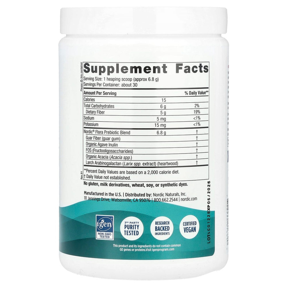 Nordic Naturals, Смесь пребиотических волокон Nordic Flora в порошке, без добавок, 204 г (7,2 унции)