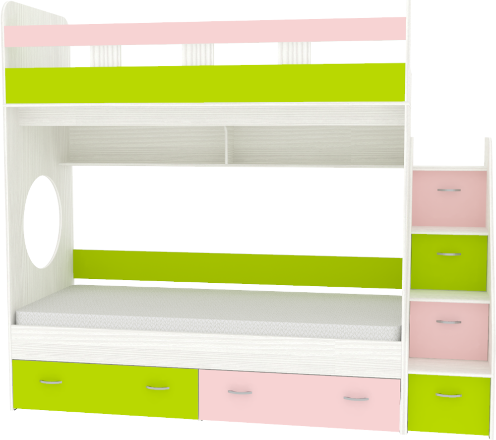 Двухъярусная кровать КарИВи Юниор 1 90х200 Белое Дерево Розовй, Лайм