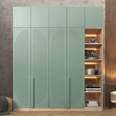 Шкаф Агератум МДФ четырехсекционный с антресолью и стеллажом Лайн шалфей (0,27) А10024 матовая - Дуб Сонома 3025  210*60*260