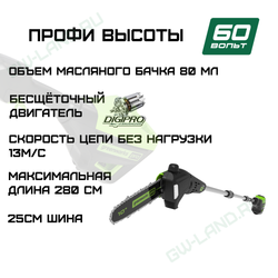 Высоторез/Сучкорез аккумуляторный Greenworks Арт. 1402107, 60V, 25 см, бесщеточный