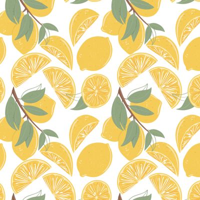 Яркий лимонный паттерн. Желтые лимоны на белом фоне. Летние фрукты, лимонад, витамины.