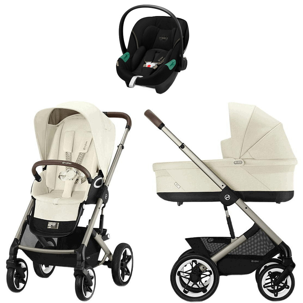 Коляска Cybex Talos S Lux TPE complete Aton S2 Moon Black Base One 4 в 1 Seashell Beige с дождевиками