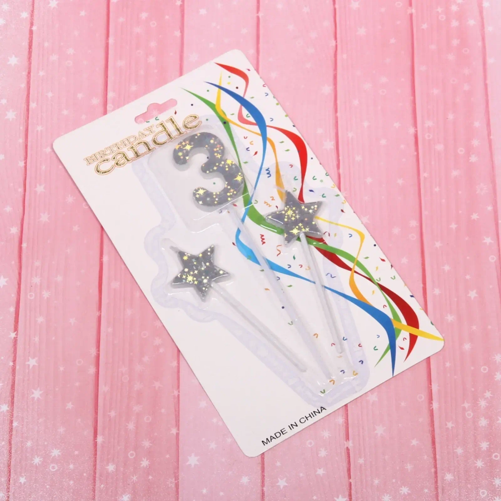 Свеча для торта Цифра Звёздное сияние «3» 16 см (набор 3шт), серебро