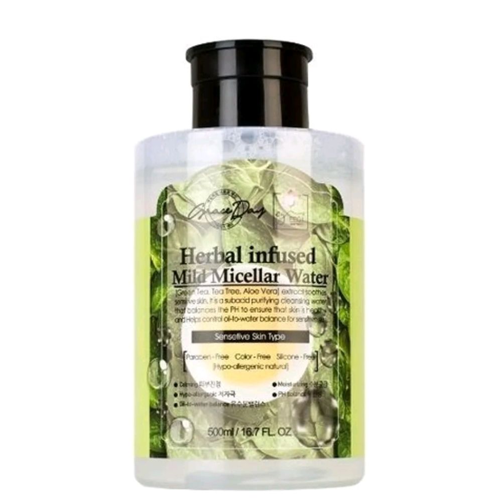 Гипоаллергенная мицеллярная вода для снятия макияжа GRACE DAY с экстрактом Зеленого чая, Чайного дерева для чувствительной кожи, 500 мл.