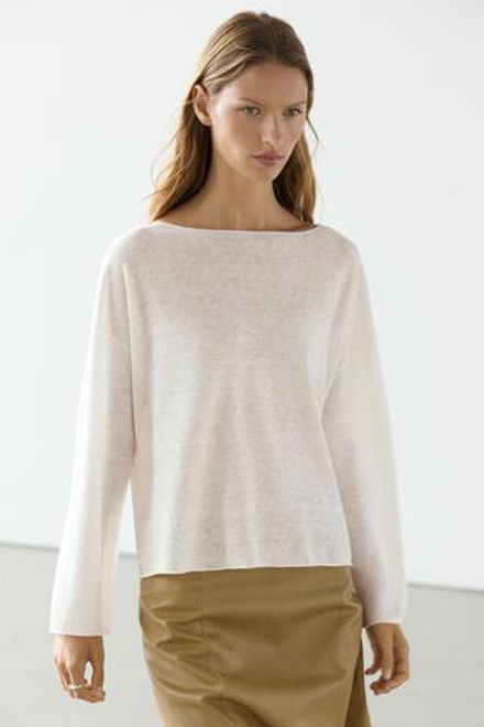 Massimo Dutti Льняной свитер с вырезом «лодочка», белый