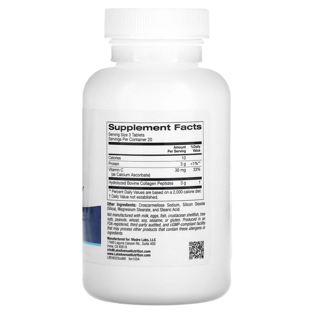 Lake Avenue Nutrition, гидролизованный коллаген типов I и III, 3000мг, 60 таблеток (1000 мг в 1 таблетке)
