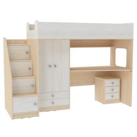 Кровать-чердак КарИВи Л-A606.3 с тумбой 80х190  Дуб Молочный Белое Дерево