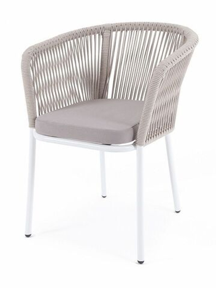 "Марсель" стул плетеный из роупа, каркас алюминий белый муар, роуп бежевый круглый, ткань бежевая 035