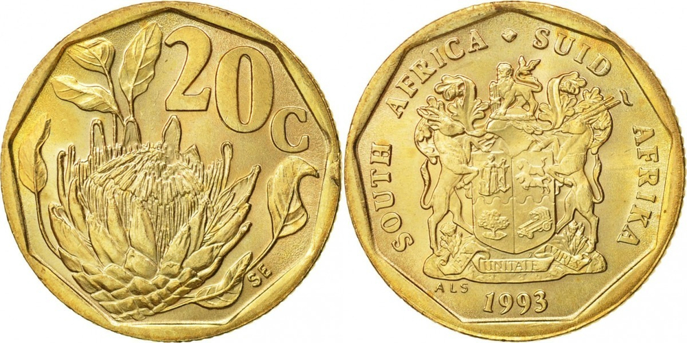 ЮАР 20 центов, 1990-1995 SOUTH AFRICA SUID-AFRIKA UNC