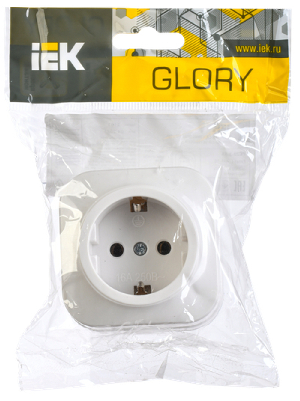GLORY Розетка 1-местная для открытой установки с заземлением без защитных шторок 16А РС20-3-ХБ белый IEK