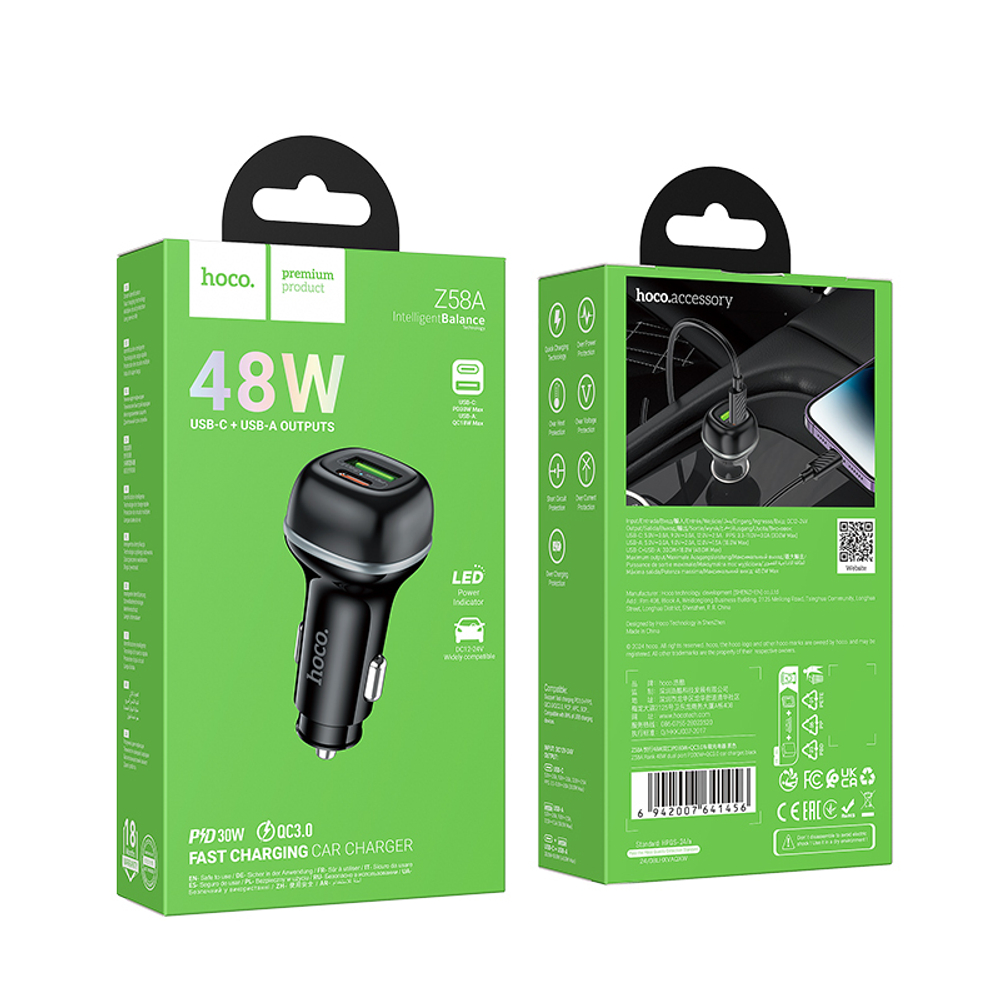 Автомобильный адаптер питания HOCO Z58A PD30W+QC3.0 (черный)
